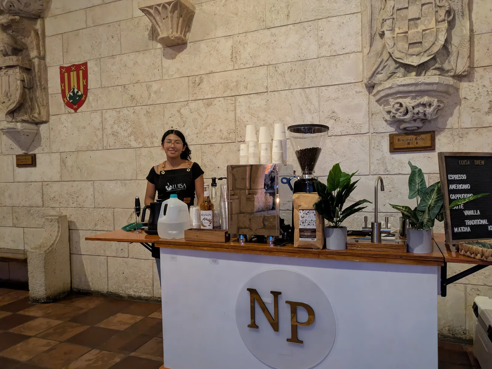 Luisa Coffee cart set up inside a historic Mediterranean Revival-style venue for a private celebration