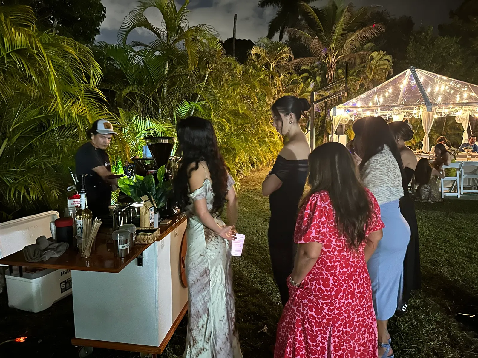 Luisa Coffee cart serving guests at an elegant outdoor evening wedding among palm trees
