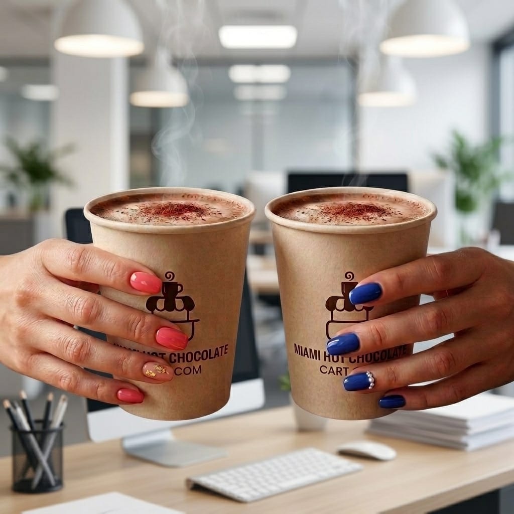 Two hands holding steaming hot chocolate cups branded for Miami Coffee Cart's hot chocolate service