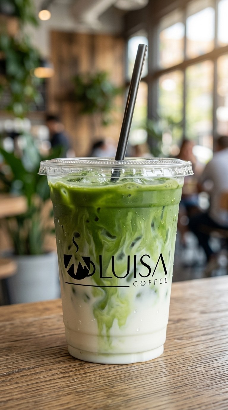 Iced matcha latte with the Luisa Coffee logo, served at a Miami Coffee Cart event