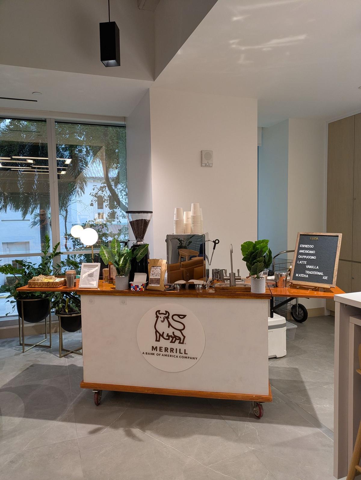 High volume corporate coffee catering setup in an office lobby in Miami