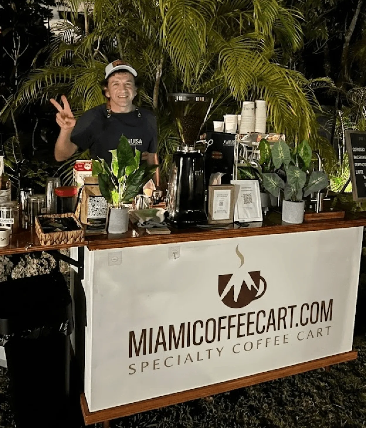 Mobile coffee cart with barista at Miami event